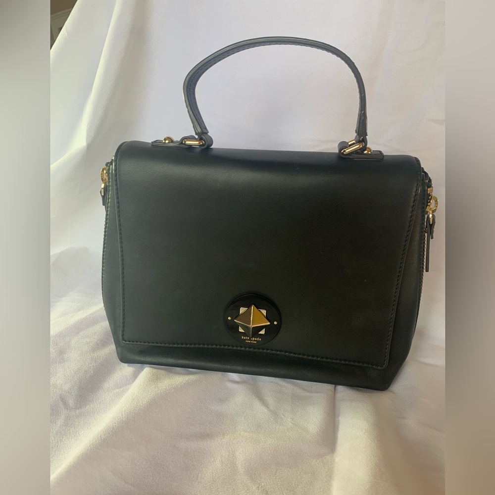 Kate Spade Satchel Bag zipper 2 tone option purse black leather Gold Accents EUC